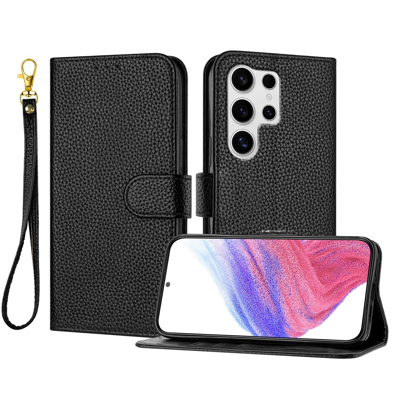 

For Samsung Galaxy S25 Ultra Leather Case Litchi Texture Wallet Stand Anti Drop Phone Cover with Wrist Strap Black