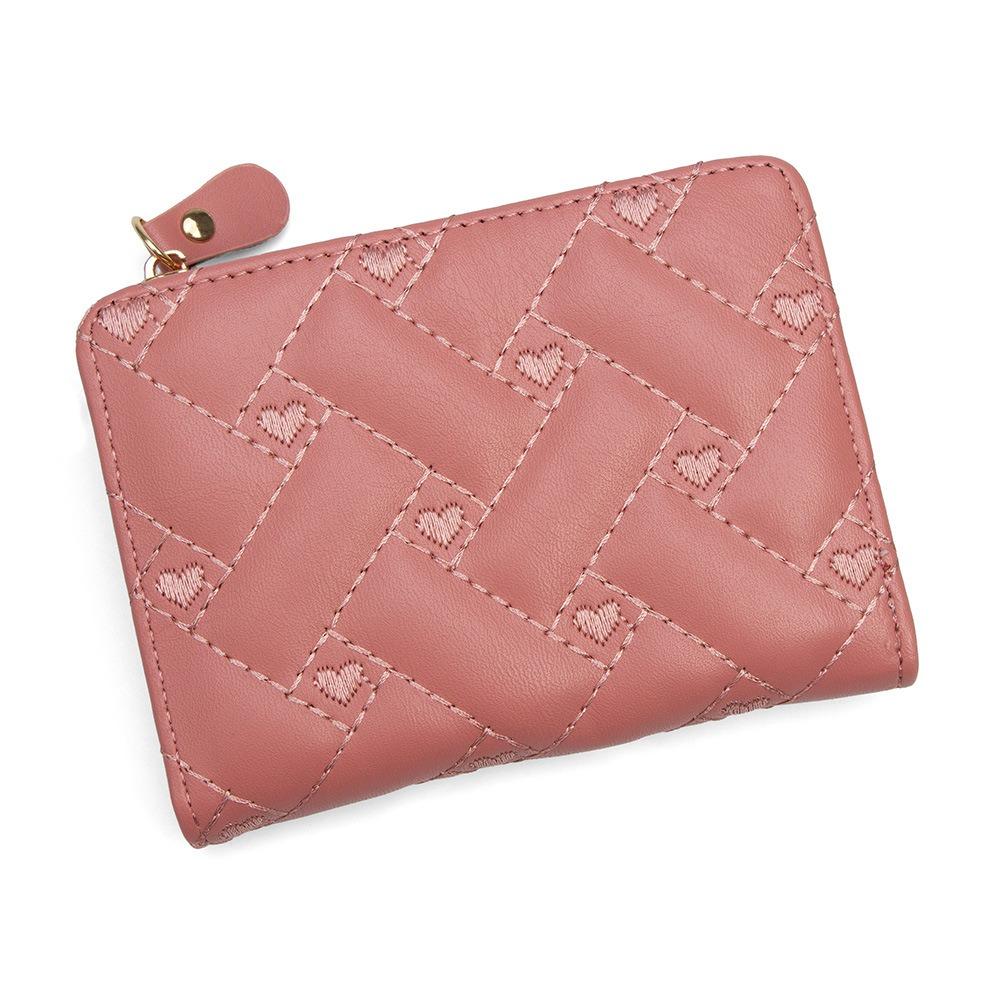 Fashion Short Style Love Embroidered Wallet PU with Zipper Card Bag Simple Design Buckle Detail ID Bag Women