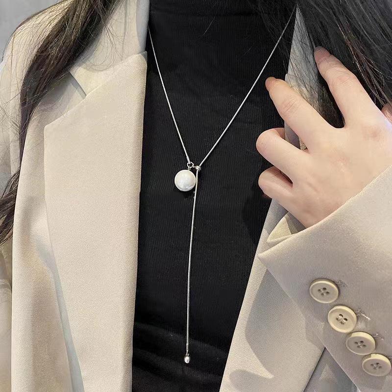 Light Luxury Niche Pull Collarbone Chain Women's High-end Pearl Necklace Long Niche Sweater Chain Accessories Trendy Jewelry Women