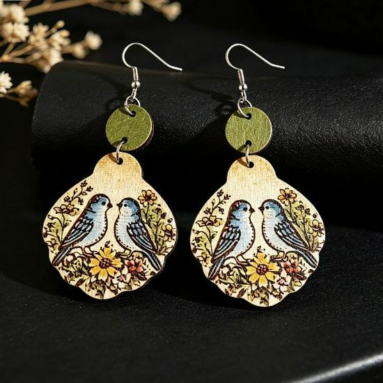 Retro Geometric Bird & Flower Wooden Earrings