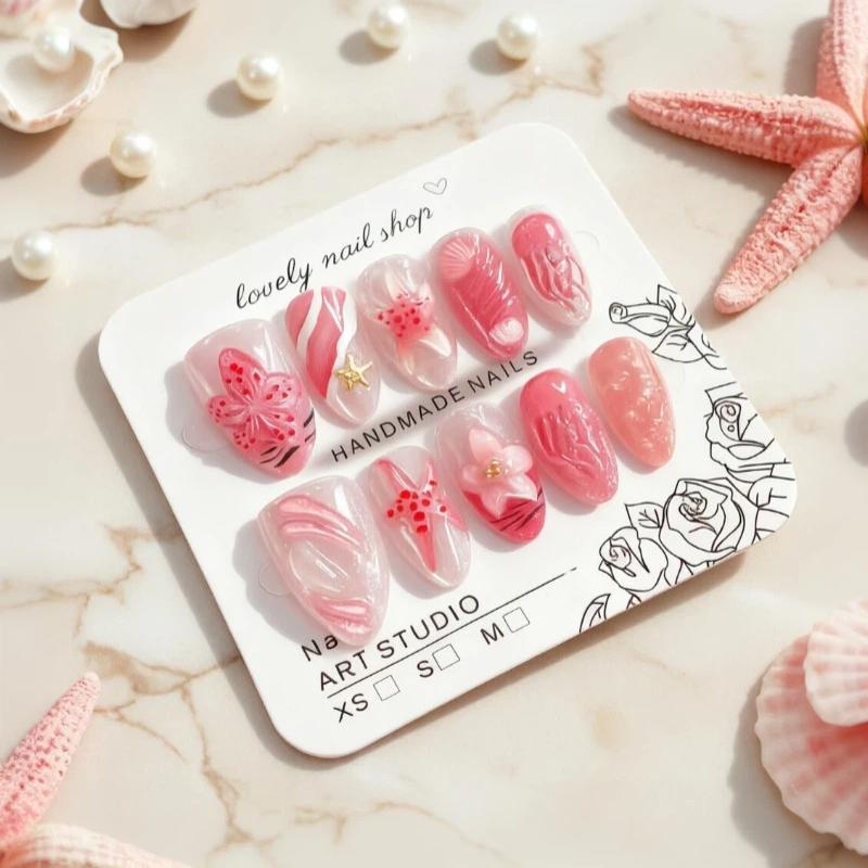 10Pcs Pink Press On Fake Nails 3D Ocean Themed Starfish Shell Design with Strong Glue for Women Girls Daily Use