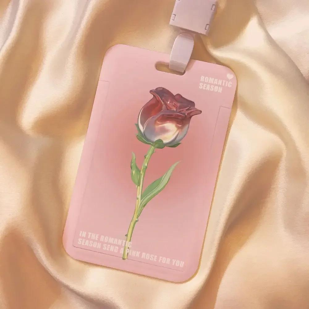 Ins Rose Tulip Flower ID Card Holder Kpop Star Photo Card Display Case Cute Student Subway Bus Card Protective Case with Lanyard