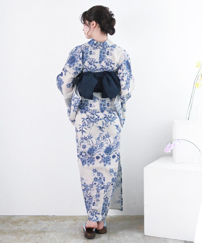 Yukata Unique Natural Set AB Flower Free [KYOETSU] Set, Weave, White, Two-Piece 3-Piece (Yukata, Obi, Geta), Women's (Ultramarine Garden, Size)