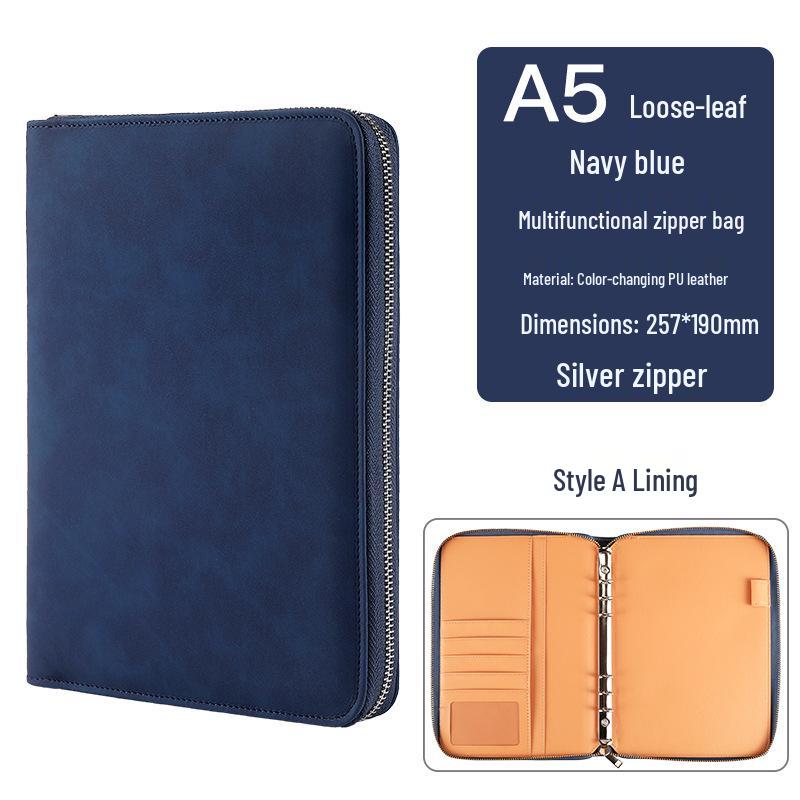 Zippered Binder Notebook - Creative Simple Business Design, Faux Leather Meeting Minutes Book, Available in A5, B5, A6 Sizes.