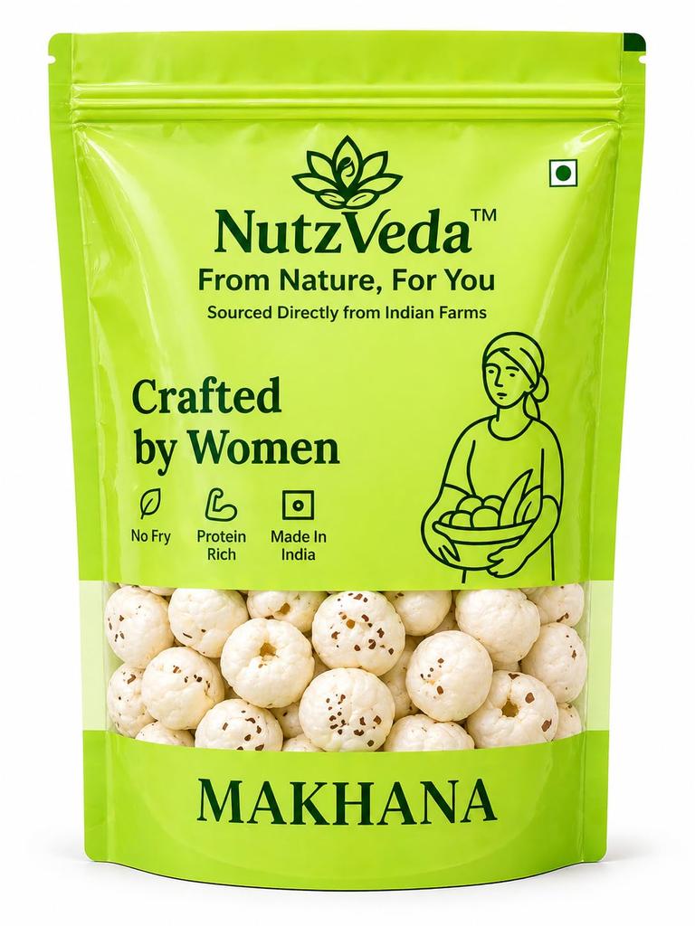 Nutzveda Makhana Naturale Premium (250g) | Formato Jumbo, Noci di Volpe Selezionate a Mano | Ricche di Proteine, Leggere e Croccanti | Adatte al Digiuno | Provenienti dall'India