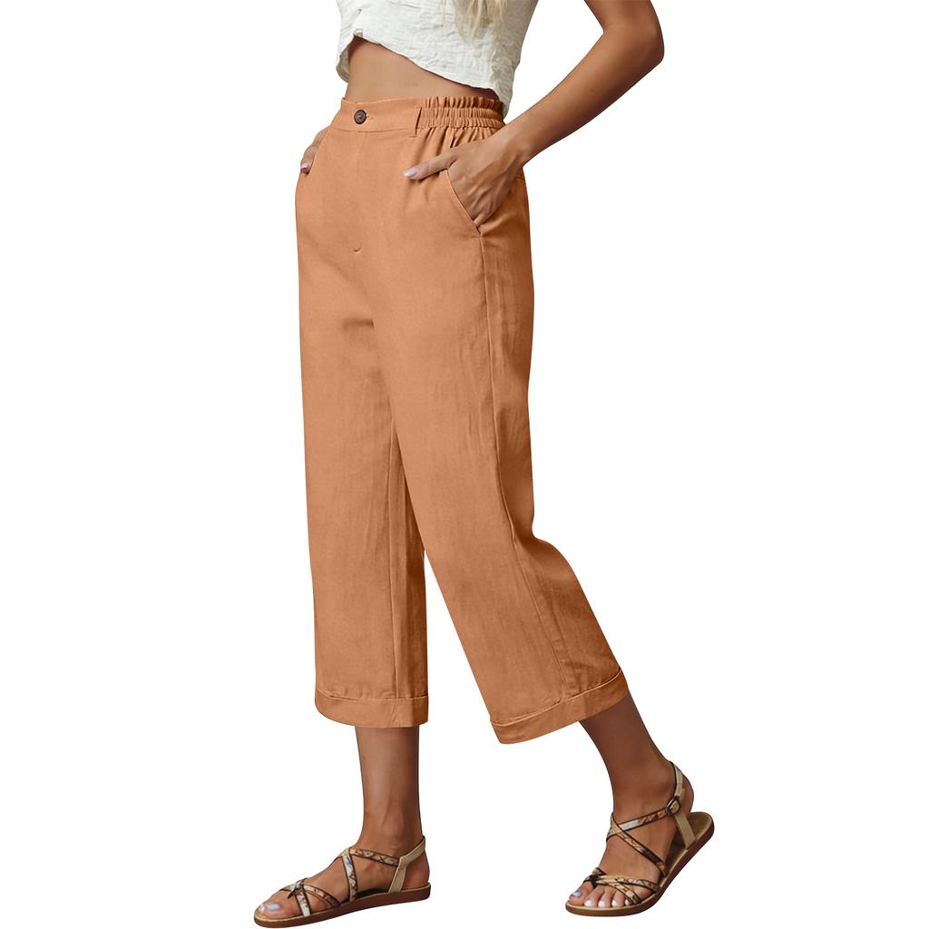Women’s Wide Leg Cropped Pants High Waist Linen Blend Trousers with Side Pockets Relaxed Fit for Everyday Wear