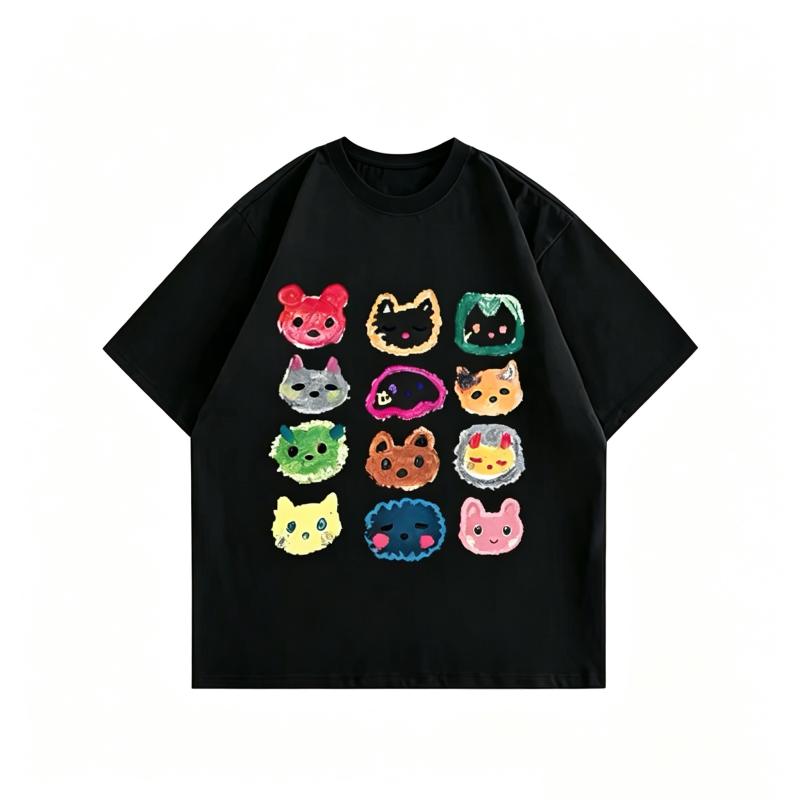 ZAZOMDE Unisex Streetwear Oversized Tshirt Graffiti Cartoon Animal Faces Graphic Cotton Short Sleeve Tops Youth Hip Hop Daily Tees