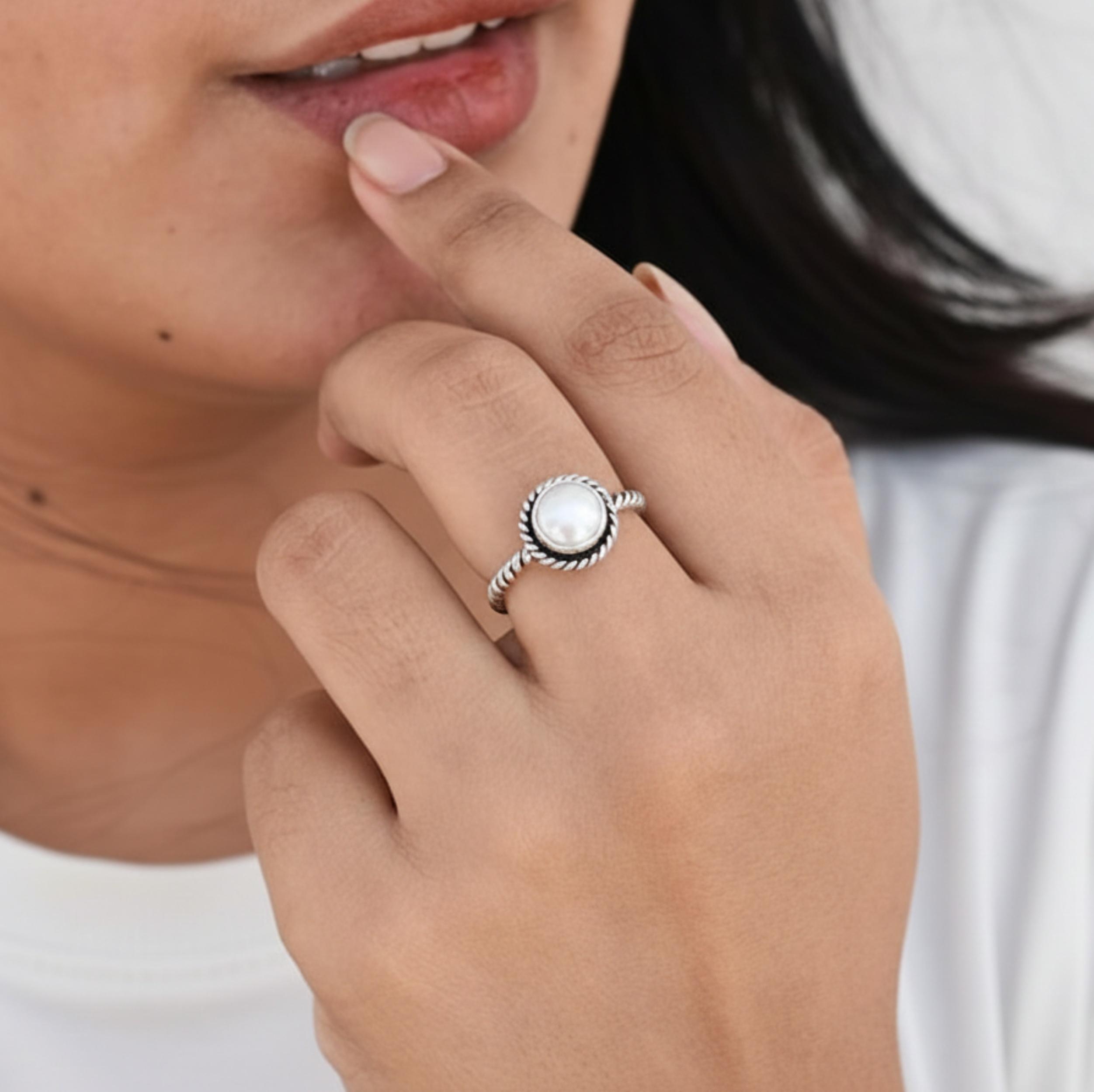 

White Pearl Round Statement Ring for Women, 925 Sterling Silver Jewelry, Minimalist Boho Ring 12 срібний