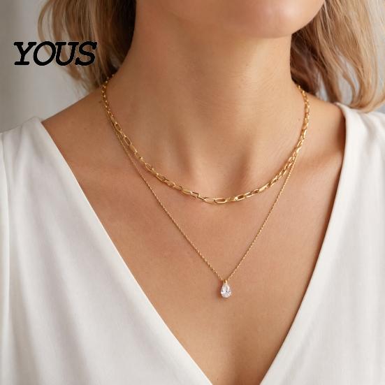 Double Layered Necklace Cubic Zirconia Drop Necklace, Double-Layered Chain Elegant Choker Wear-resistant Water Pendant Jewelry Gift for Women Wife Her