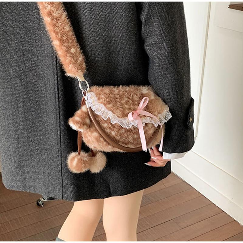 Lolita Plush Handbag Women's Mori Cute Deer Spotted Shoulder Bag Lace Bow Decoration Brown Furry Fluffy Women's Crossbody Bag