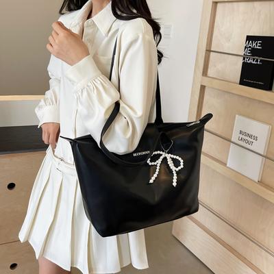 Frühling/Sommer neue einfarbige Damen PU Schultertasche mit großem Fassungsvermögen, stilvolles Design, Perlen Schleifendekoration,