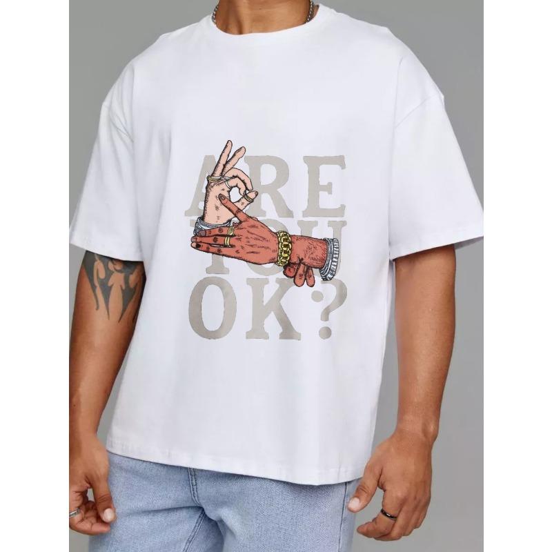 White T Shirt with Hand Gesture and Are You Ok Text Graphic for Casual Wear