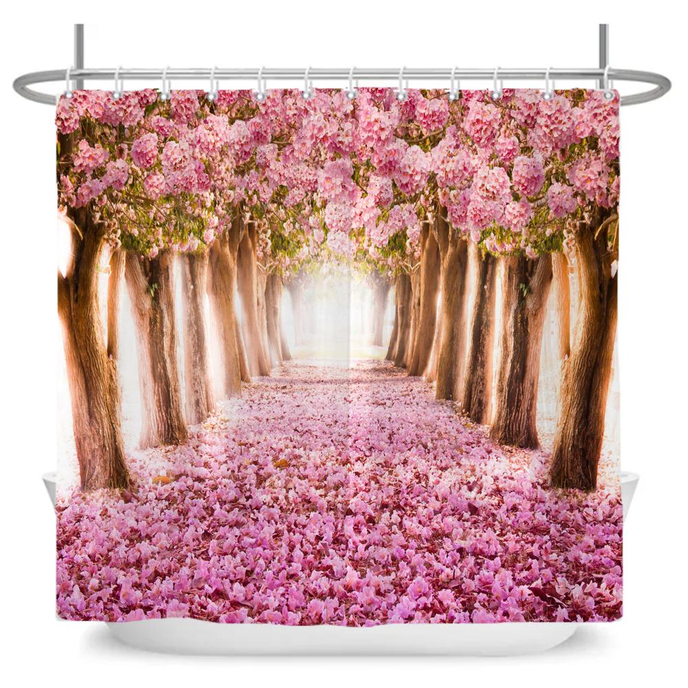Rural Flowers Scenery Shower Curtain Dreamlike Blooming Flowers Tree Home Bathtub Decor Waterproof Polyester Bathroom Curtains