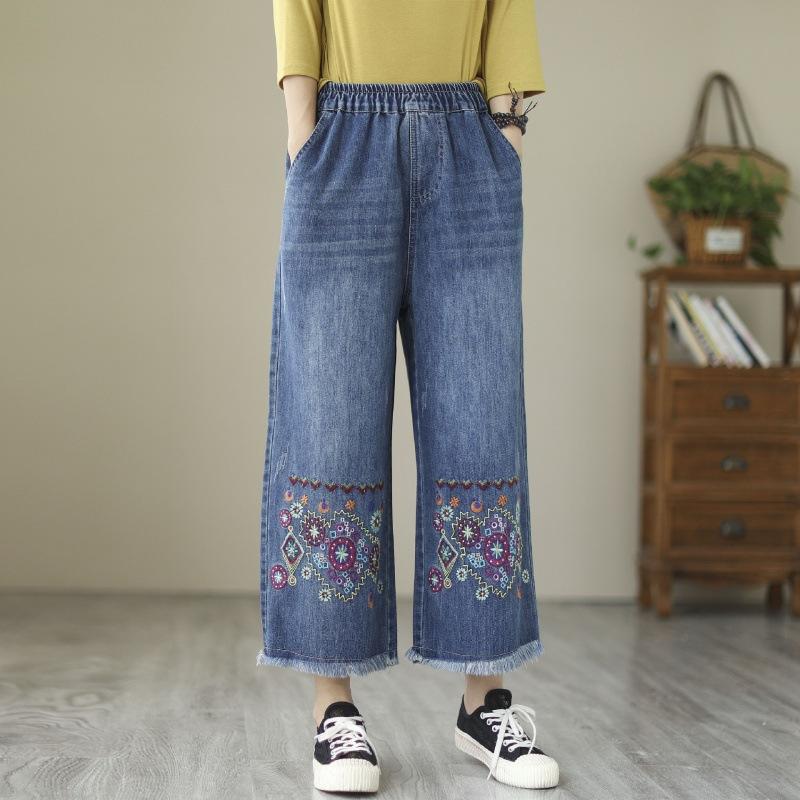 Vintage Loose Embroidery Denim Pants Women High Waist Loose Straight Jeans Female Tassels Casual Trousers Spring Autumn New