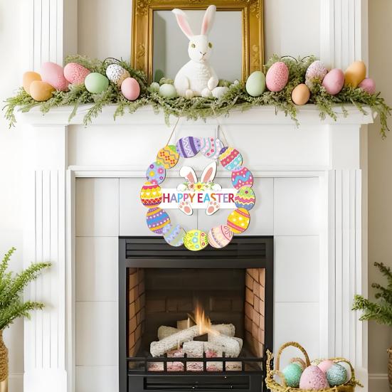Wooden Easter Door Wreath for Bunny Eggs Porch Front Door Happy Easter Sign for Spring Window
