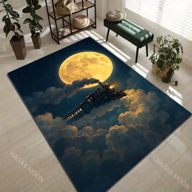 1 Stück Dampflok unter riesigem Vollmond Teppich für Wohnzimmer Schlafzimmer Sofa Heimdekoration Rus Rutschfeste Fußmatte Luxuriöses Geschenk