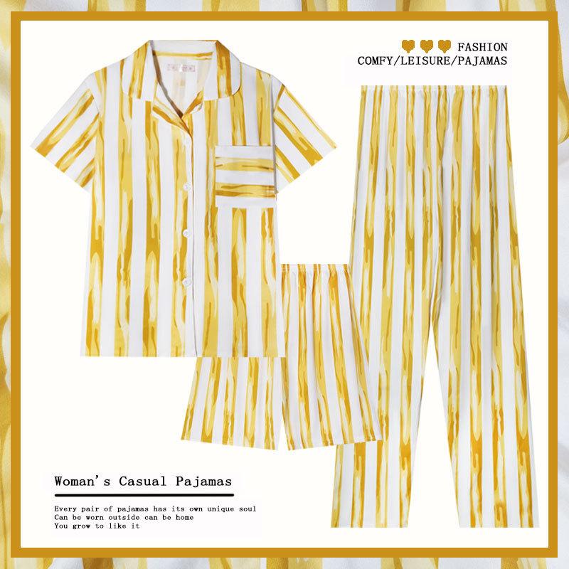 Pajamas Women'S Japanese Simple Yellow Striped Summer Short-Sleeved Shorts Trousers Loose Large-Size Loungewear Set