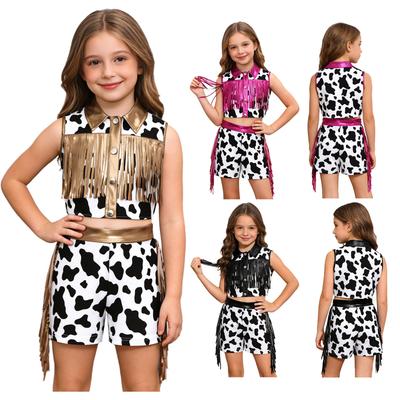 Flickors Western Cowboykostym Metallisk Patchwork Ärmlös Franskad Topp Tofsshorts Outfit Set