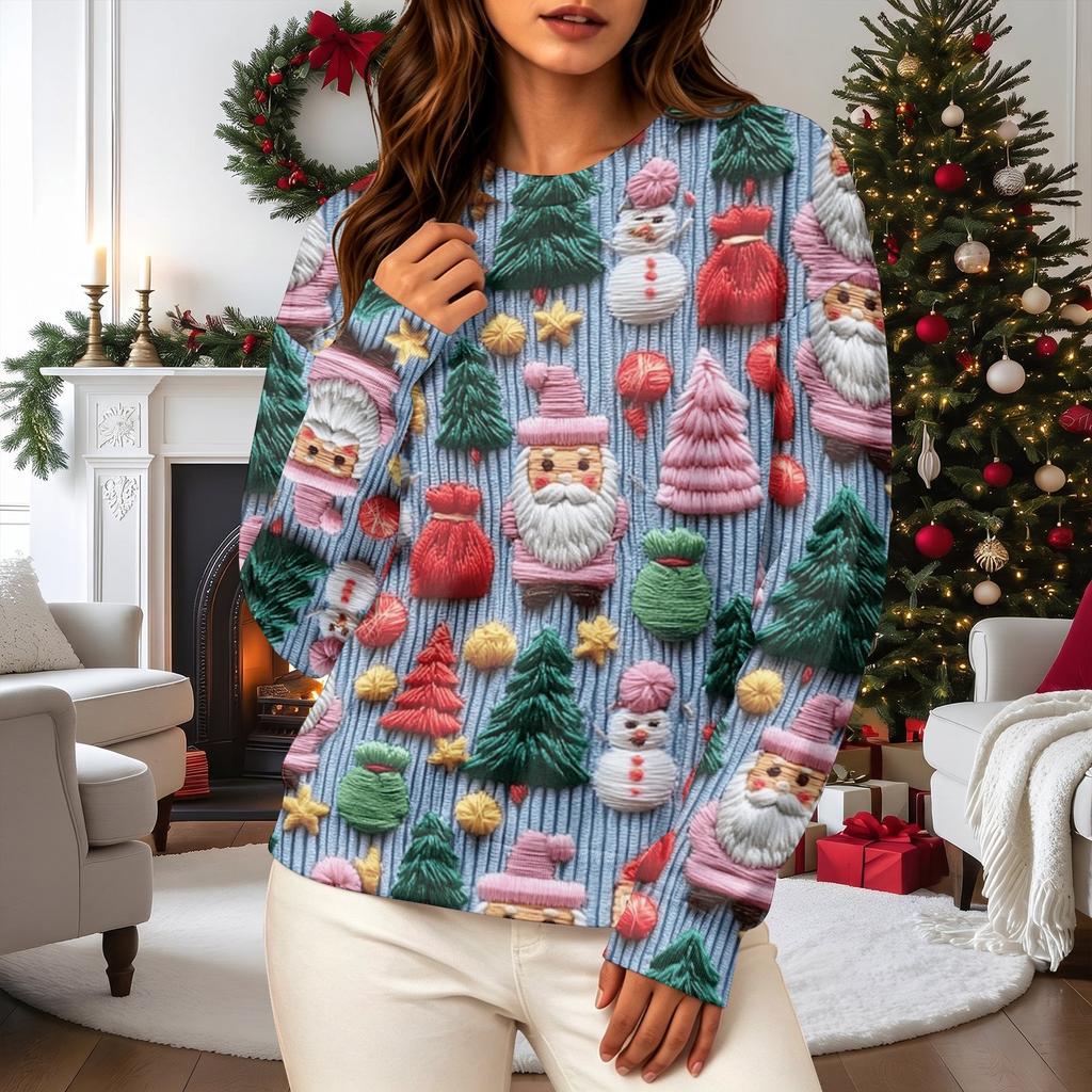 Women's Casual Long Sleeve Christmas Print Neck Pullover Sweatshirt