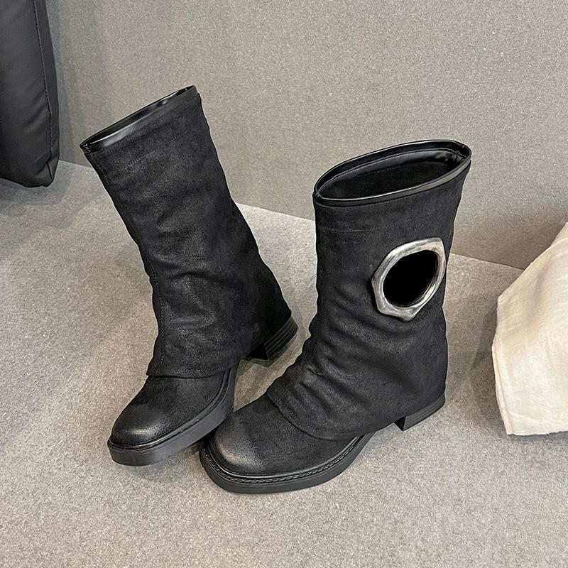 Cowhide version retro suede versatile leather Martin short boots women's autumn new niche metal buckle western cowboy boots