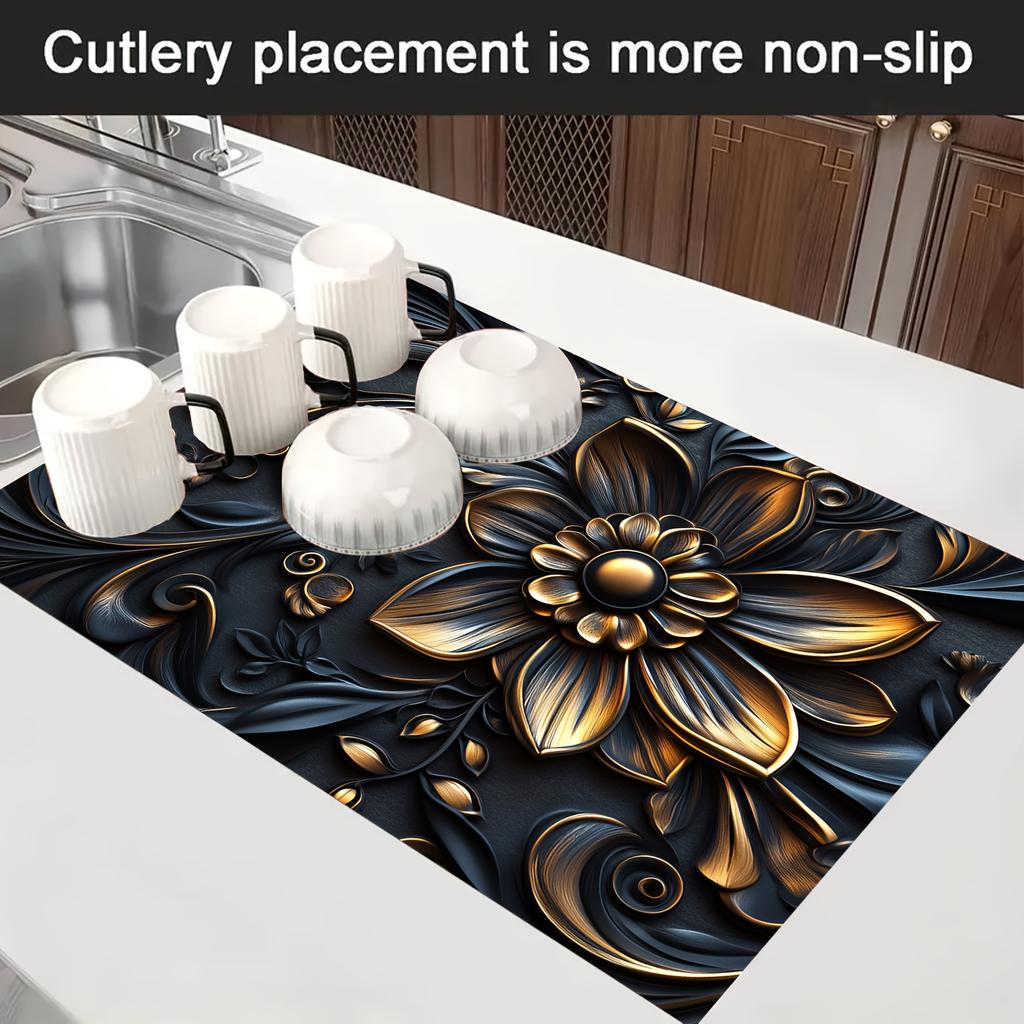 1 Stück Goldene Florale Gummi Abtropfmatte Geschirr Für Café Küche Teppich Tischgeschirr Langlebige Kieselgur Tischmatte Haustier Kaffeegeschirr Matte
