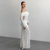 Pure desire French white lace hollow dress female sexy one-word shoulder long sleeve s-shaped hip skirt evening dress