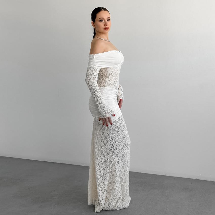 Pure desire French white lace hollow dress female sexy one-word shoulder long sleeve s-shaped hip skirt evening dress