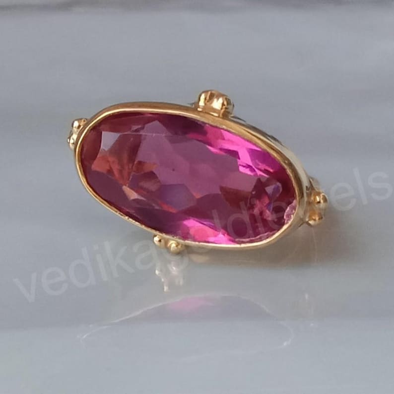 

Horizontally Pink Tourmaline Quartz Silver Yellow Gold Ring Jewelry 5 золотий