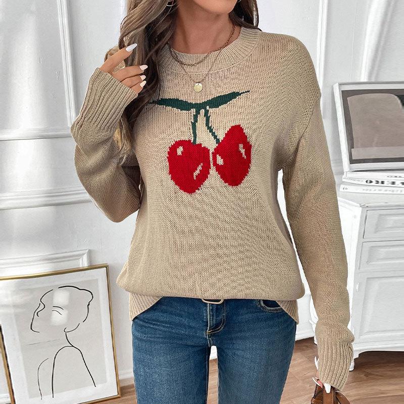 Womens Cherry Print Sweater Crewneck Long Sleeve Drop Shoulder Knit Sweater Ribbed Knit Cute Loose Pullover