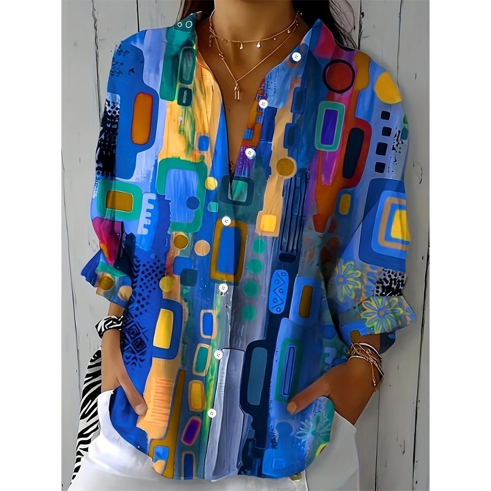 Camisa de mujer ajustada con botones, estilo casual, con estampado de flores de anacardo, ideal para uso diario. Camisa de solapa de talla grande.