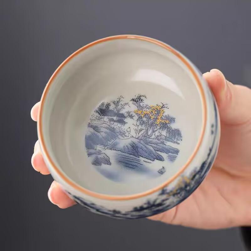 Ru Kiln Twisted Branch Lotus Teacup Master Cup Old Clay Crack Glaze High-End Atmospheric Teacup Painted Blue And White Arhat Cup