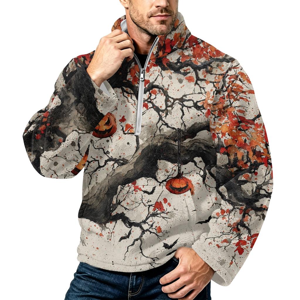 Men's Halloween Print Flannel Zip-Up Sweatshirt, Plus Size Stand Collar Casual Fall Winter Top