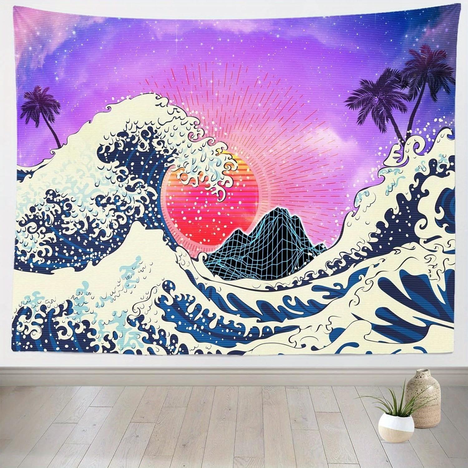 

Ocean Waves Mount Red Sun Digital Bohemian Wall Tapestry Aesthetic Wall Decor Boho Home Decoration For Bedroom Living Room 29x37in