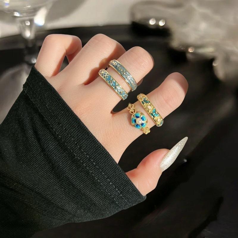 French Retro Enamel Dripping Open Ring, National Tide Texture Flower Niche Design Ring