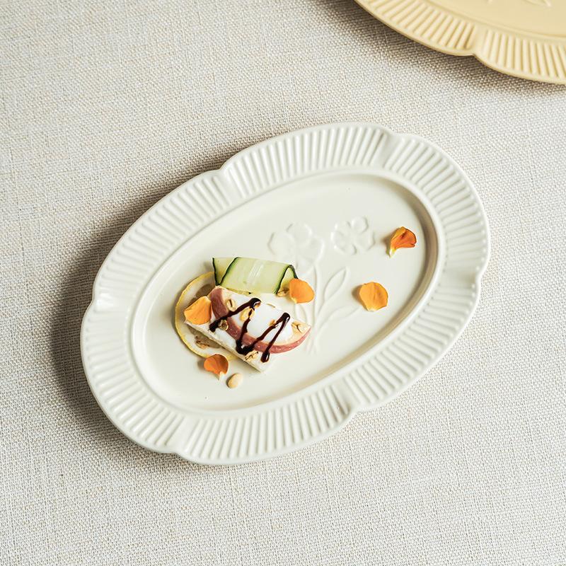 Delicate Relief Flower Ceramic Plate Household Tableware Cream Style Large Vegetable Plate Fish Plate Simple Dessert Plate