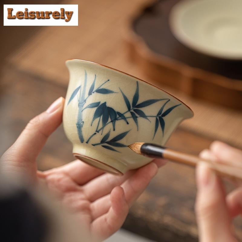 150ml Hand-painted Bamboo Gaiwan Japanese Cream Ru Kiln Three Talented Tea Tureen Tea Maker Cover Bowl Chinese Teaset Collection