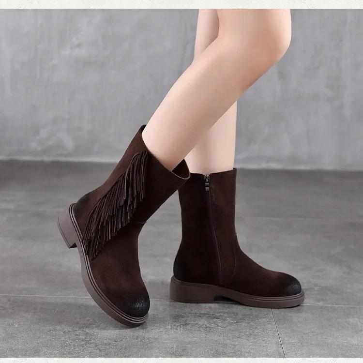 Johnature Retro Tassel Mid Heeled Women's Boots Genuine Leather Round Toe Versatile Mid-calf Boots
