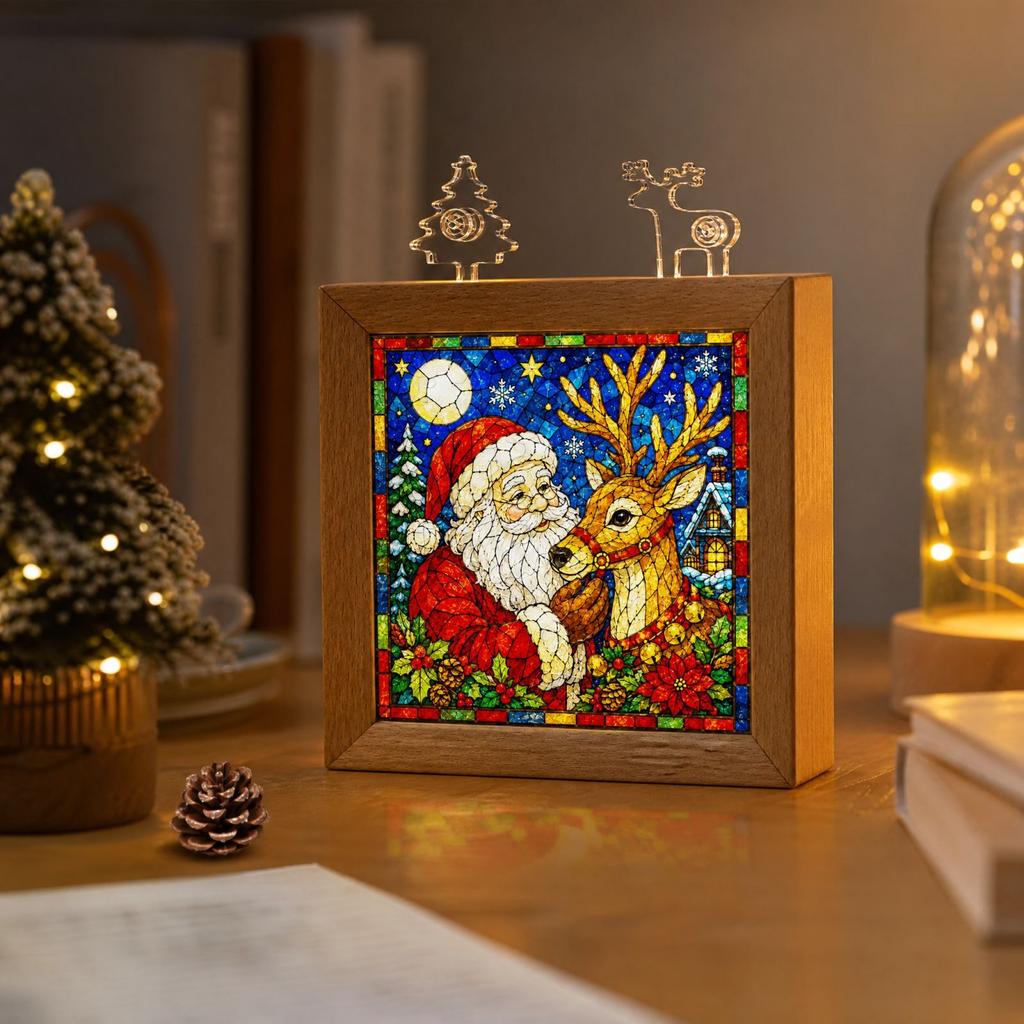 Christmas and Stained Glass Night Light, Wooden Acrylic Tabletop Decorative Lamp,