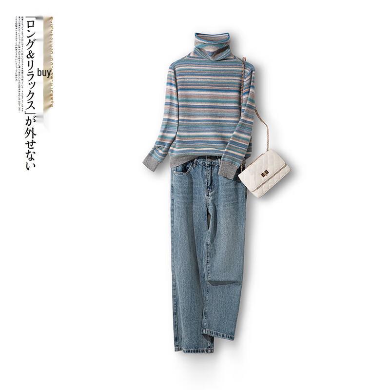 Női Sibaishe Színblokkos Csíkos Magasnyakú Pulóver