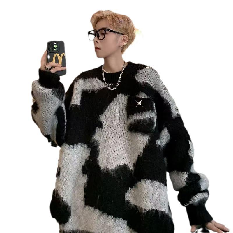 Sweaters for men and women, loose and comfortable plush knitted sweaters in autumn and winter, lazy wind tie-dye trendy high street warm clothes