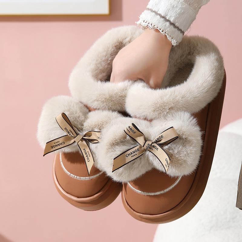 Cotton slippers autumn and winter home warmth velvet thick-soled couple waterproof cotton shoes bow shoes