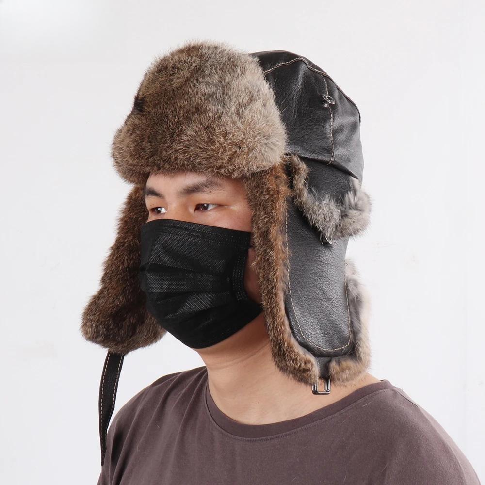 New Winter Men Natural Rabbit Fur Bomber Hat Genuine Sheepskin Leather Cap Men Outdoor Windproof Super Warm Rabbit Fur Caps
