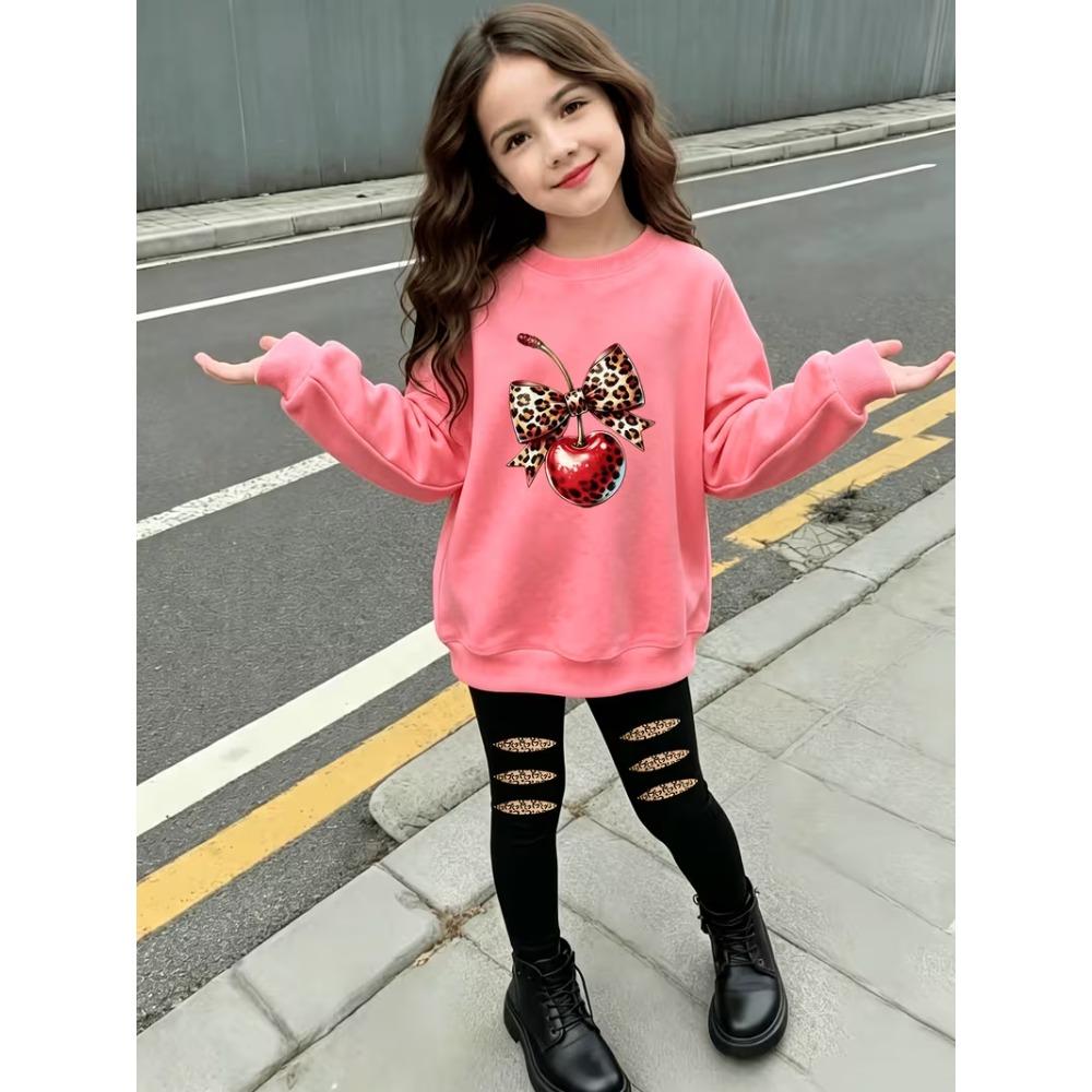 Girls' Leopard Cherry Casual Comfortable Soft Loose Pullover Sweatshirt and Leggings 2-Piece Set, New Autumn/Winter, Playful, Sweet and Cool Style