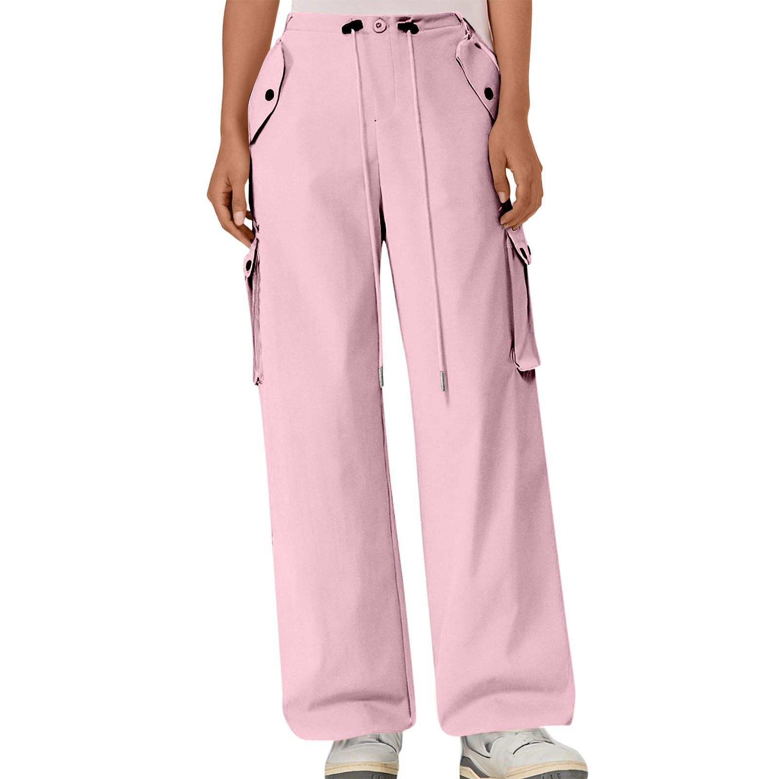 

Женские летние тонкие свободные брюки прямого кроя с несколькими карманами, высокой посадкой и широкими штанинами, быстросохнущие спортивные брюки (Обычный стиль) M розовый