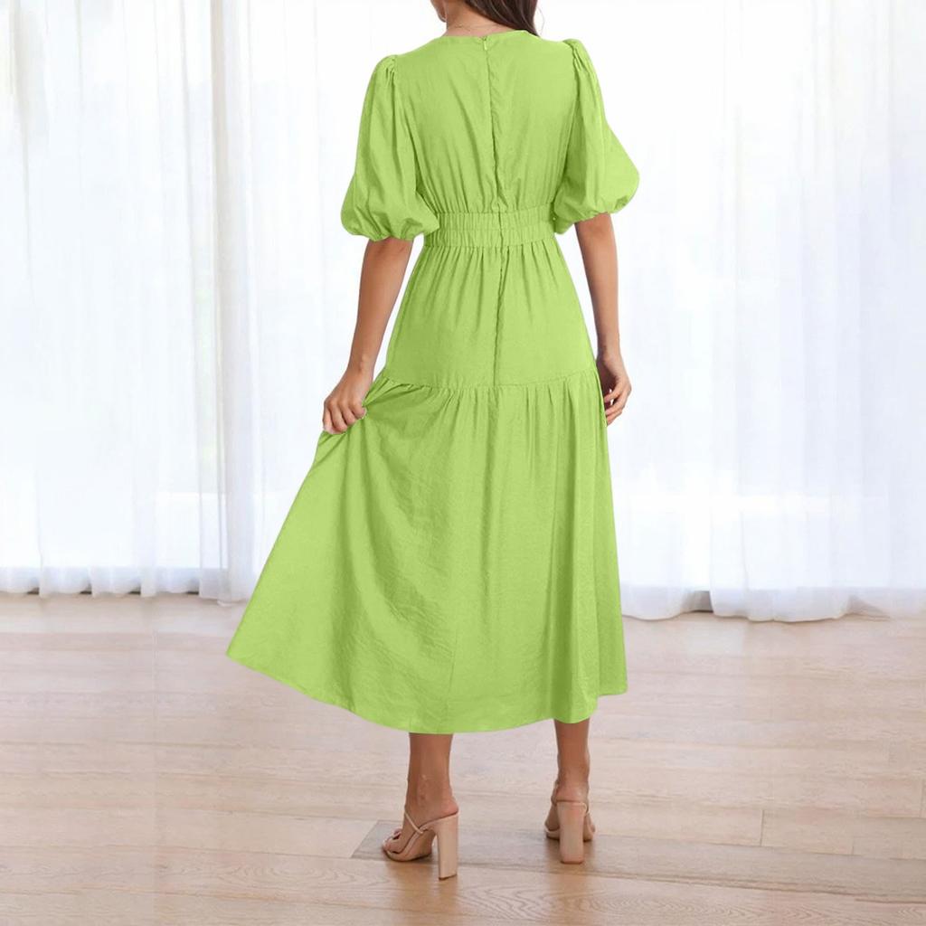 Puff Sleeve Vacation Dress For Women Summer Deep V Neck Casual Short Sleeve A-Line Maxi Dresses