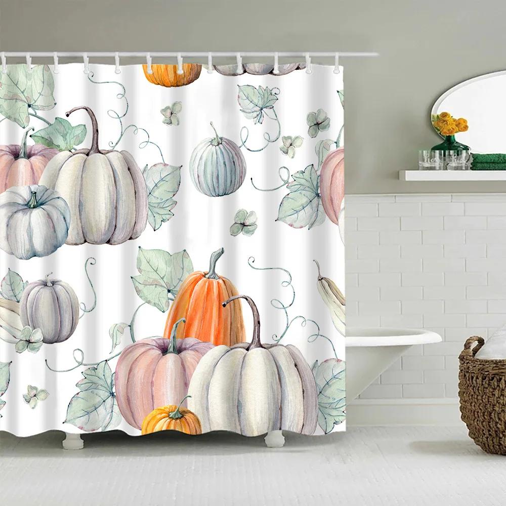 Shower Curtain Set Watercolor Pumpkins Halloween Thanksgiving Pumpkin Fall Serios Polyester Waterproof Shower Curtains Decor