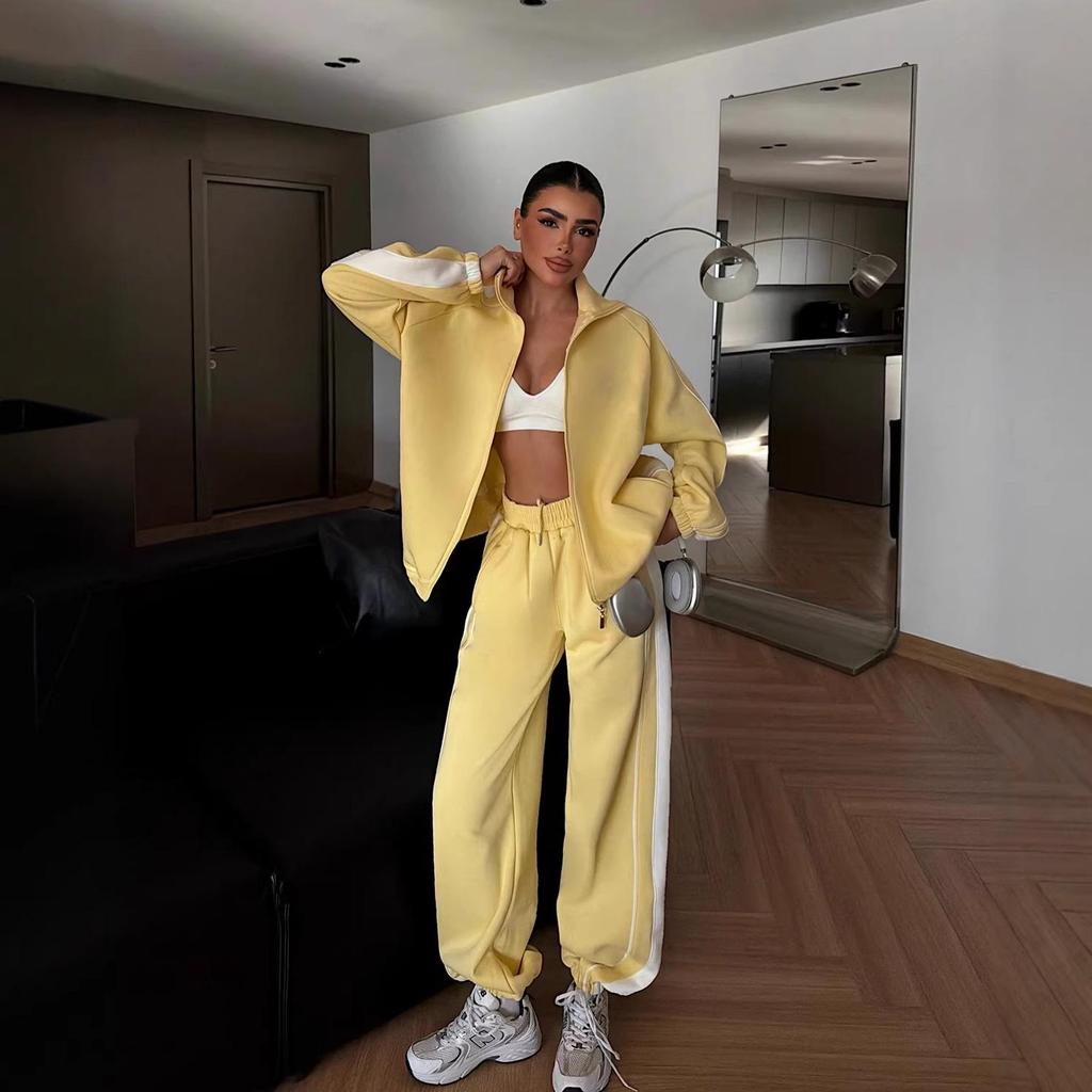 2026 Women's Spring/Autumn Striped Colorblock Zipper Cardigan & Long Pants Two-Piece Set