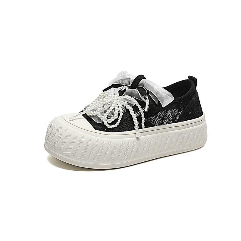 Vrijetijds Platte Schoenen Luxe Dames Kant Instappers Zomer Nieuw Platform Lage Top Kleine Witte Schoenen Dames Vetersneakers 38 black