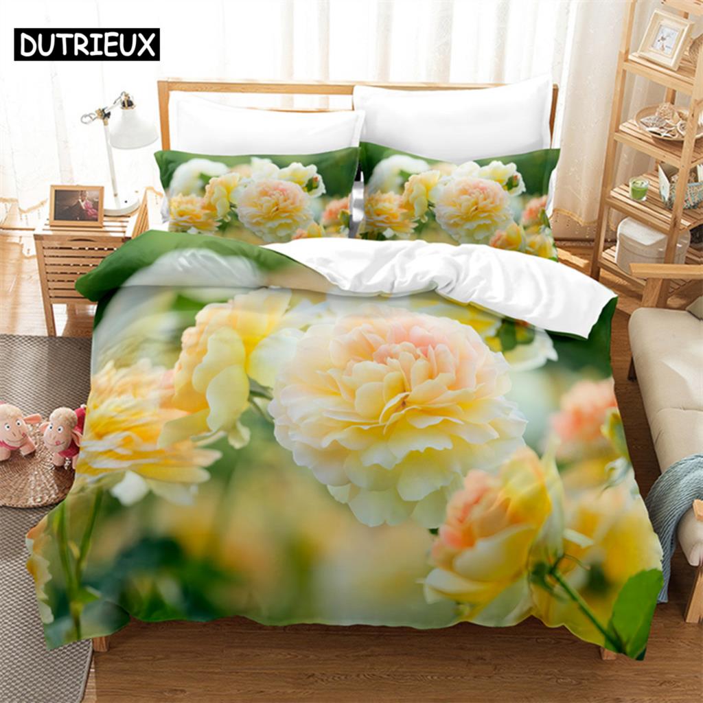Flowers Green Leaves Queen Bedding Set Duvet Cover Bedroom Bed Set Comforter Cover Set King Size Duvet Cover Set Bedding Sets