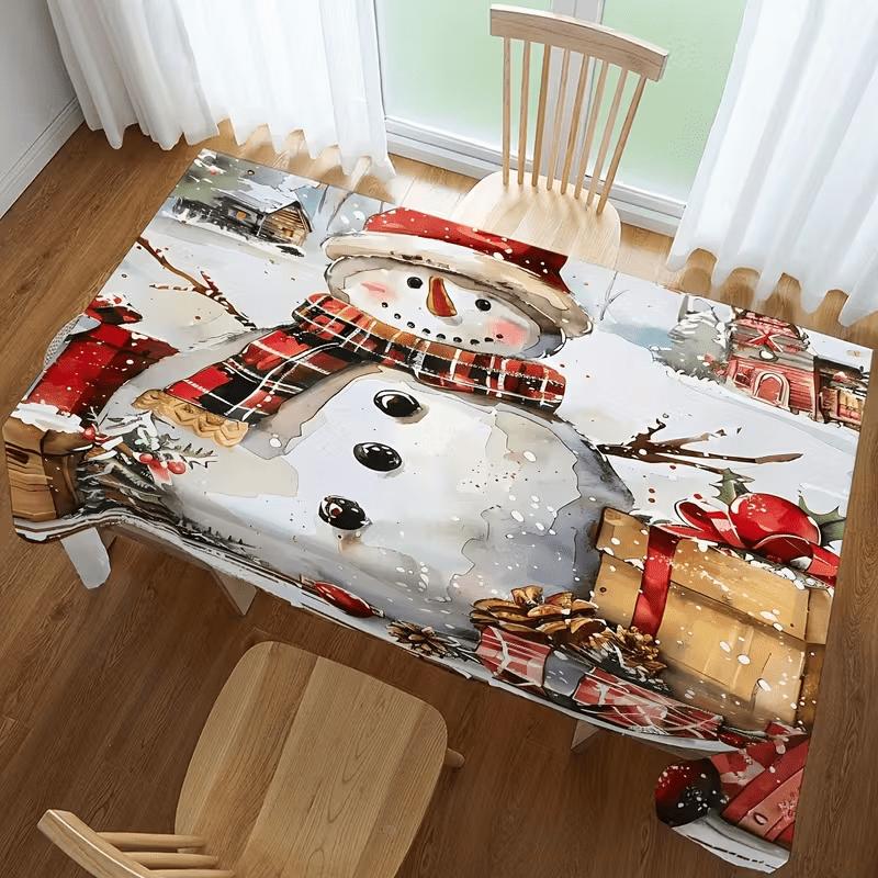 1pc Christmas Snowman Tablecloth, 152.4*218.44 cm, 2D Flat Print, Rectangular, Polyester, Easy to Clean, Suitable for Dining, Parties, Barbecues, And